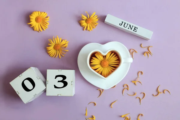 六月三日的日历 英文的六月名 数字为0和3的立方体 一杯茶里放着洋甘菊 黄色洋甘菊花 花瓣贴在油腻的背景上 俯瞰全景 — 图库照片