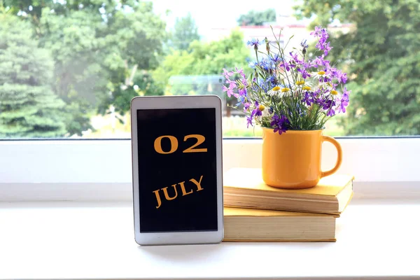 Calendar July Name Month July English Numbers Tablet Stack Books — Stock Photo, Image