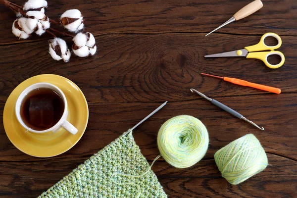 Concept Doing Needlework Your Free Time Autumn Period Yellow Cup — Stock Photo, Image