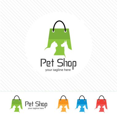 Evde beslenen hayvan dükkan logo tasarlamak vektör, kedi ve köpek alışveriş çantası ile. Evde beslenen hayvan dükkan için soyut ve basit kavramı.