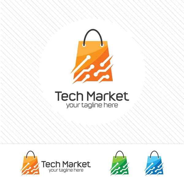 Vettore di design del logo dello shopping, simbolo tecnologico sulla shopping bag. Concetto astratto per il negozio di tecnologia . — Vettoriale Stock