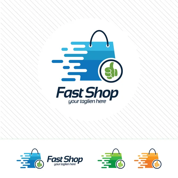 Vettore di design del logo dello shopping, simbolo veloce e pollice a mano sulla shopping bag. Concetto astratto per negozio online . — Vettoriale Stock