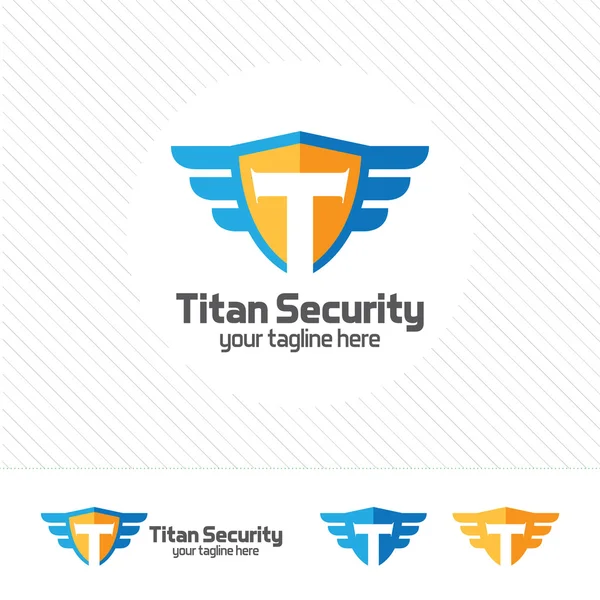 Abstrakte Schild Buchstaben T Logo Design Vektor. Sicherheitskonzept mit Buchstabe t in der Mitte von Schild und Tragflächen. — Stockvektor