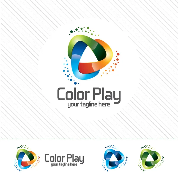 3D media play logo design vector. Colorido concepto moderno jugar icono símbolo, triángulo, música, y multimedia . — Vector de stock