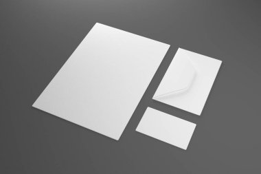 Gri arkaplanlı zarflar ve kartvizitler içeren bir şirket kimlik şablonu koleksiyonu. Markanızı yerleştirmek için kullanılabilir. 3d Hazırlama