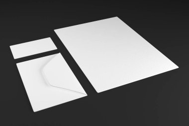 Kartvizit içeren bir şirket kimlik şablonu koleksiyonu, koyu arkaplan zarfları. Markanızı yerleştirmek için kullanılabilir. 3d Hazırlama