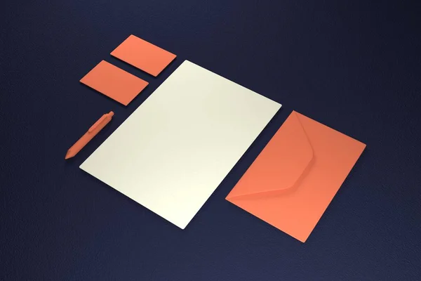 İçinde kartvizitler, zarflar olan bir şirket kimlik şablonu koleksiyonu. Markanızı yerleştirmek için kullanılabilir. 3d Hazırlama