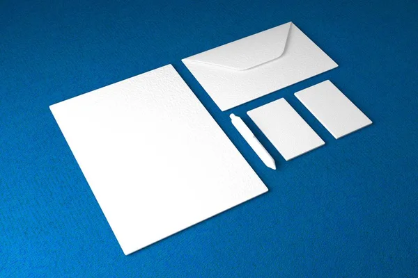 İçinde kartvizitler, zarflar olan bir şirket kimlik şablonu koleksiyonu. Markanızı yerleştirmek için kullanılabilir. 3d Hazırlama