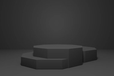 3D rendering of a black stages or podium to showcase your products. It can use show your minimalist product or others
