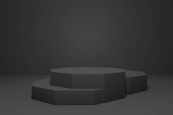 3D rendering of a black stages or podium to showcase your products. It can use show your minimalist product or others