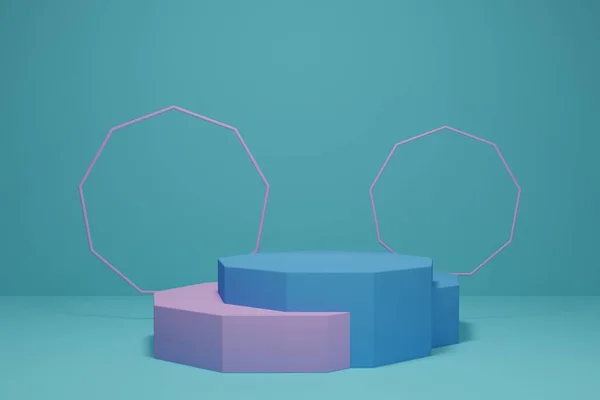 3D rendering of a blue and purple stages or podium to showcase your products. It can use show your product or others