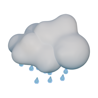 Altına mavi yağmur damlaları düşen yumuşak beyaz bir bulutun üç boyutlu bir çizimi. Yumuşak şekiller ve nazik gölgeleme uygulamalar, UI tasarımı, eğitici grafikler ve hava ile ilgili içerik için uygun modern, minimal hava ikonu oluşturur.