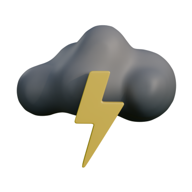 Aşağıya doğru parlak sarı bir şimşek çakan gri bir fırtına bulutunun yüksek kalite üç boyutlu bir çizimi. Uygulamalar, UI simgeleri, tahminleri ve dijital grafikler için ideal.