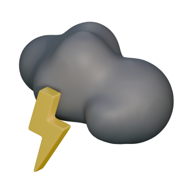 Aşağıya doğru parlak sarı bir şimşek çakan gri bir fırtına bulutunun yüksek kalite üç boyutlu bir çizimi. Uygulamalar, UI simgeleri, tahminleri ve dijital grafikler için ideal.