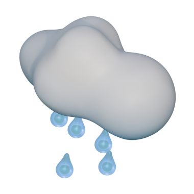Altına mavi yağmur damlaları düşen yumuşak beyaz bir bulutun üç boyutlu bir çizimi. Yumuşak şekiller ve nazik gölgeleme uygulamalar, UI tasarımı, eğitici grafikler ve hava ile ilgili içerik için uygun modern, minimal hava ikonu oluşturur.