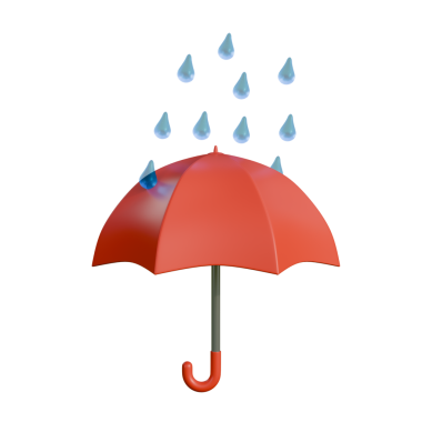 Yağmurda üzerine su damlacıkları düşen bir şemsiyenin temiz bir üç boyutlu çizimi. Yumuşak şekiller ve yumuşak ışıklandırma uygulamalar, tahminler, UI / UX tasarımı ve yağmur sezonu grafikleri için mükemmel bir modern hava ikonu oluşturur..
