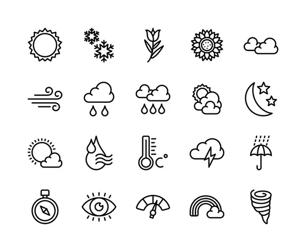 A modern 2D vector weather icon pack with outline featuring clear, simple illustrations of sun, clouds, rain, snow, thunder, wind, humidity, temperature, and seasonal elements. Perfect for apps, websites, dashboards, forecasts, and UI design.