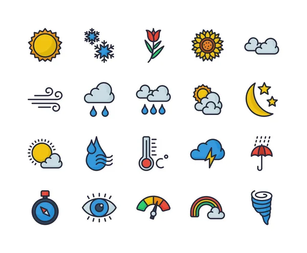 A modern 2D vector weather icon pack with outline featuring clear, simple illustrations of sun, clouds, rain, snow, thunder, wind, humidity, temperature, and seasonal elements. Perfect for apps, websites, dashboards, forecasts, and UI design.
