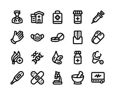 Sağlık ve tıbbi ikon paketi temiz bir taslak şeklinde. Uygulamalar, UI ve bilgi grafikleri için doktor, hastane, ilaç, şırınga, termometre ve ilk yardım sembollerini içerir..