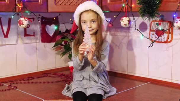 Portret van een schattig meisje in een kerstmuts met een boom speelgoed. — Stockvideo