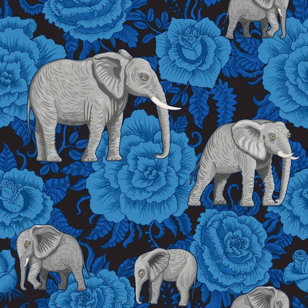 Padrão Floral Sem Costura Com Elefantes Africanos Decorativo Escuro Índigo — Vetor de Stock