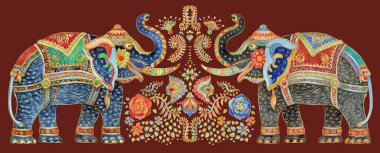 Eski bir düğün hediyesi, davetiye, suluboya, süslü fantezi filler, koyu kırmızı şarap arka planında altın renkli çiçek buketi.