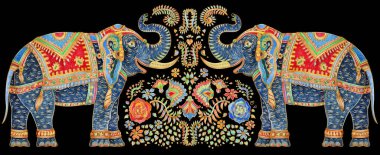 Eski bir düğün hediyesi, davetiye, suluboya, süslü fantezi filler, koyu siyah arka planda altın renkli çiçek buketi.