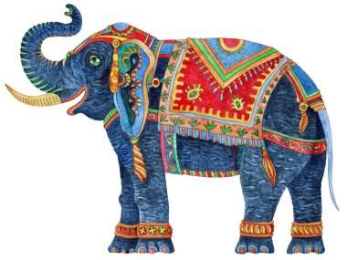 Suluboya, beyaz arka planda izole edilmiş fantezi süslenmiş Hint fili. Renkli ince çizgi, parlak koşumlarda etnik süsler. Tişört izi. Batik boyası, sirk davetiyesi.