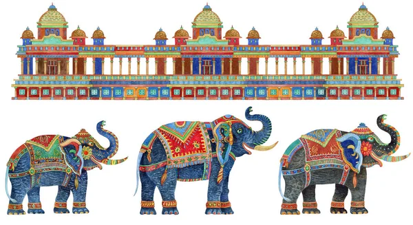 Seamless Border Pattern Fantasy Ornate Indian Elephants Antique Architecture Temple — Stock Photo, Image