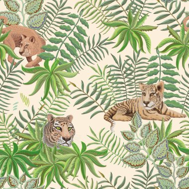 Savannah safari hayvanlarının kusursuz desenleri. Dişi aslan ve kaplan yavrusu, dallar, çimler, otlar, çalılar ve bej arkaplanda palmiye yaprakları