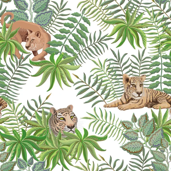 PrintSeamless pattern of vector savannah safari animals. Lioness and tiger cub, branches, grass, herbs, bush and palm tree leaves on a white background