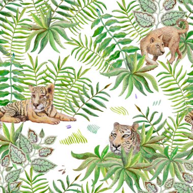 Sulu boyalı safari hayvanlarının kusursuz desenleri. Elle boyanmış aslan ve kaplanlar, dallar, çimenler, otlar, çalılar ve beyaz arka planda palmiye yaprakları.