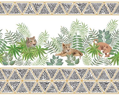 Vektör Savannah safari hayvanlarının kusursuz sınır deseni ve zebra çizgili altın çeneler. Dişi aslan ve kaplan yavrusu, dallar, çimler, otlar, çalılar ve beyaz arkaplanda palmiye yaprakları