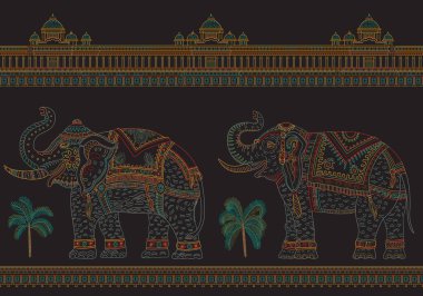 Fantezi süslemeli Hint fili, tropikal palmiye ağacı, antik mimari tapınağı olan vektörsüz sınır deseni. Renkli ince çizgi, siyah arkaplanda etnik süsler. Tişört baskısı. Batik boyası.