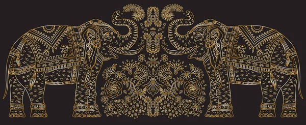 Süslü, tropikal yapraklar ve çiçeklerle süslenmiş bir Hint fili. Altın çizgili ince çizgi, siyah arkaplanda etnik süsler. Tişört izi. Batik boyası, broşür kapağı.