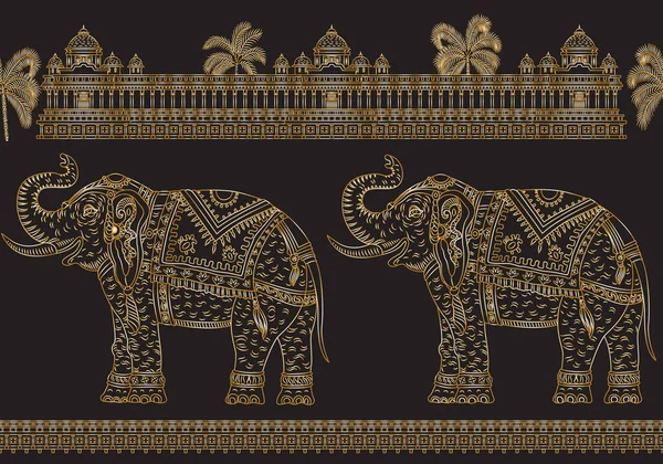 Padrão Fronteira Sem Costura Vetorial Com Fantasia Elefante Indiano Ornamentado — Vetor de Stock