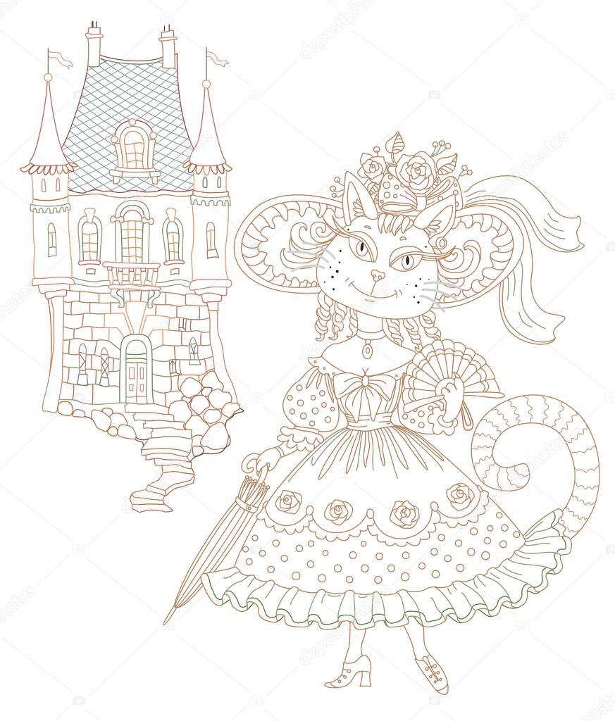 PrintFairy tale character of a kitty dressed in a vintage dress, a hat with rose flowers, a fan and an umbrella near the castle.Linear colorful contour doodle sketch. Adults and children coloring book page