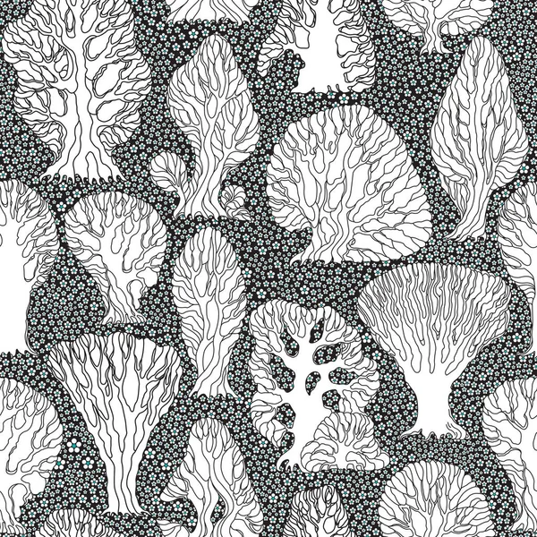 白い花の多くと黒の背景にモノクロ漫画の木のシルエットのベクトル花シームレスパターン — ストックベクタ