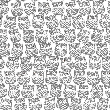 Beyaz arka planda dekoratif süslemeleri olan koyu gri baykuş siluetinden vektör soyut, pürüzsüz desen. Yetişkinler ve çocuklar kitap sayfasını boyuyor