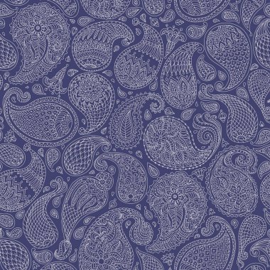 Çiçeksiz vektör deseni. Fantezi çiçekli, yapraklı, biçimlendirilmiş Paisley elementleri. Açık bej renkli el çizgileri koyu mavi arka planda. Tekstil bohem Batik baskısı 