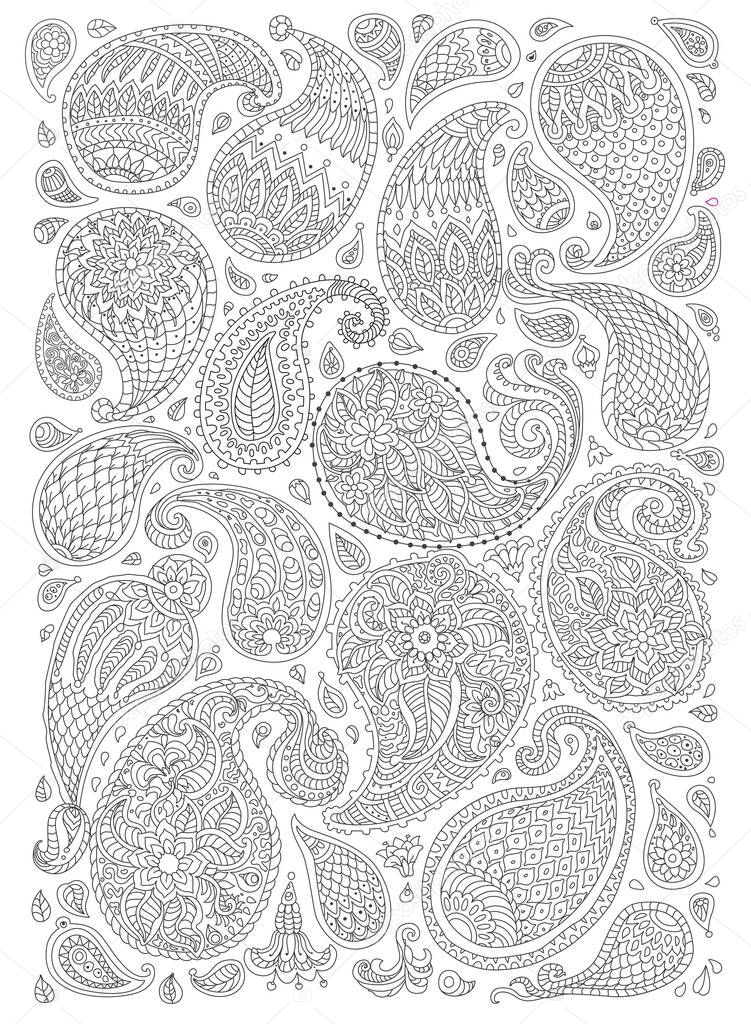 Paisley decorative elements with fantastic flowers, branches, leaves. Black and white contour thin line. Vector floral fantasy T-shirt print. Coloring book for children and adults vertical page