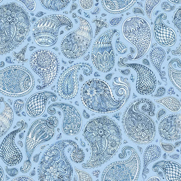 Paisley seamless pattern from fantasy flowers, leaves with watercolor painted texture. Blue, indigo, grey colors on a grunge blue background. Textile bohemian Batik floral print