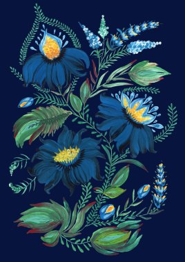 Ukrayna folklorik resim stilinde çiçek kolajı. Koyu mavi el, fantezi çiçekleri, yapraklar, koyu mavi arka planda izole edilmiş kıvırcık dallar çizdi. Batik, poster, tişört baskısı