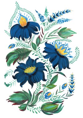 Ukrayna folklorik resim stilinde çiçek kolajı. Koyu mavi el, fantezi çiçekleri, yapraklar, beyaz arka planda izole edilmiş kıvırcık dallar çizdi. Batik, sayfa doldur, poster, tişört izi