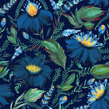 Mavi çiçek deseni Ukrayna folklorik resim stilinde Petrykivka. El yapımı fantezi çiçekleri, yapraklar, koyu mavi bir arka planda izole edilmiş dallar. Batik boyası, duvar kağıdı, tekstil baskısı.