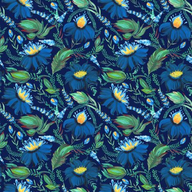 Mavi çiçek deseni Ukrayna folklorik resim stilinde Petrykivka. El yapımı fantezi çiçekleri, yapraklar, koyu mavi bir arka planda izole edilmiş dallar. Batik boyası, duvar kağıdı, tekstil baskısı.