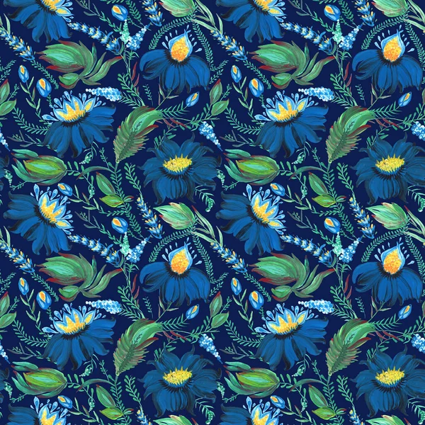 Mavi çiçek deseni Ukrayna folklorik resim stilinde Petrykivka. El yapımı fantezi çiçekleri, yapraklar, koyu mavi bir arka planda izole edilmiş dallar. Batik boyası, duvar kağıdı, tekstil baskısı.
