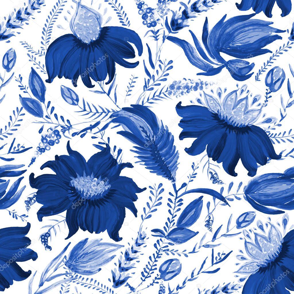 Blue Floral seamless pattern in Ukrainian folk painting style Petrykivka. Hand drawn fantasy flowers, leaves, branches isolated on a white background. Batik paint, wallpaper, textile print