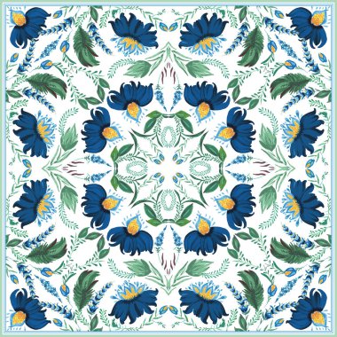 Ukrayna folkloral resim stilinde Vector Batik deseni şallar, halı, bandana, seramik fayans için Petrykivka. El çizimi fantezi çiçekleri, yapraklar, beyaz arka planda izole dallar.