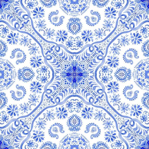 Watercolor Painted Indigo Blue Damask Seamless Pattern White Background Spanish — Stock Photo, Image